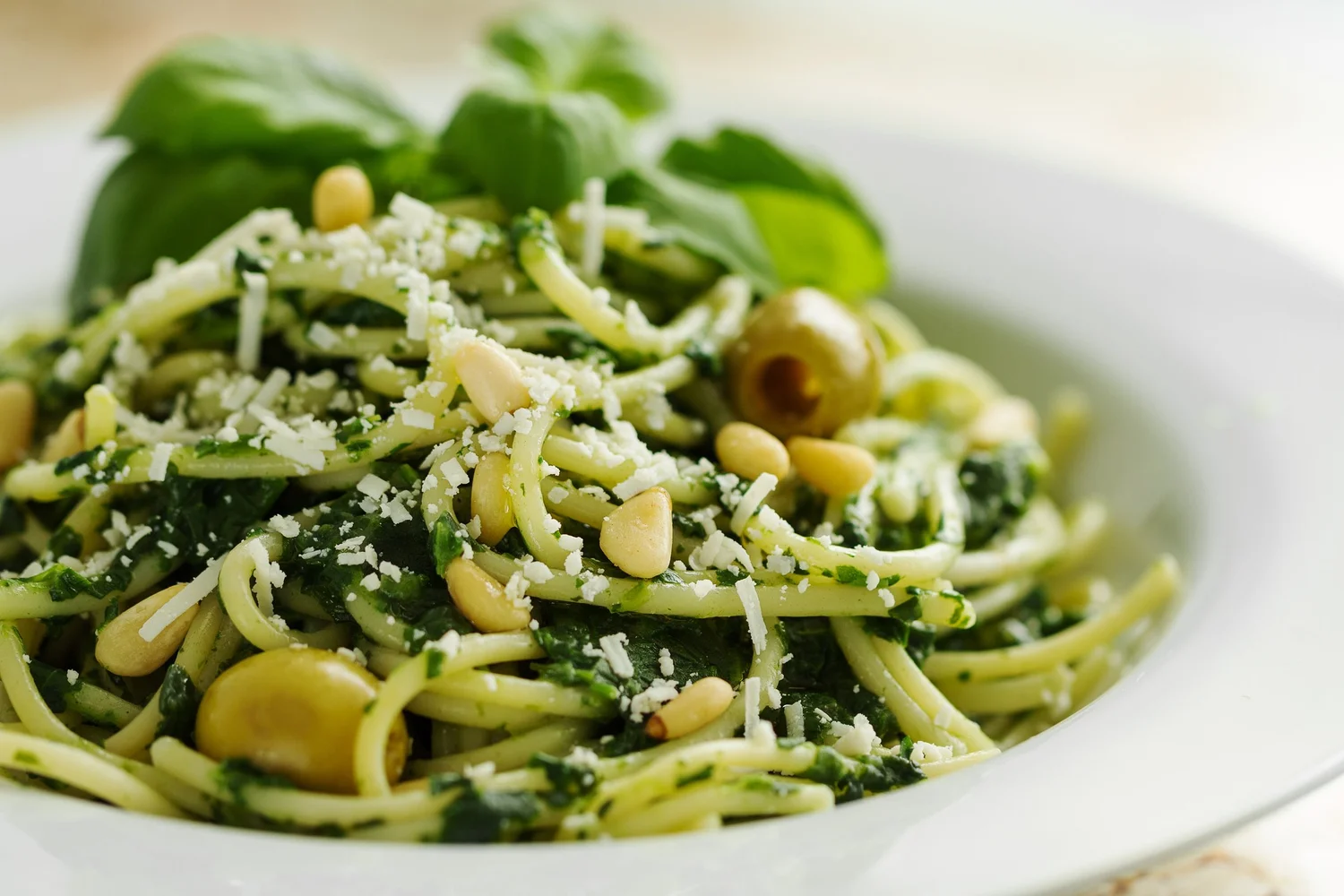 Pesto pasta plated for dinner service